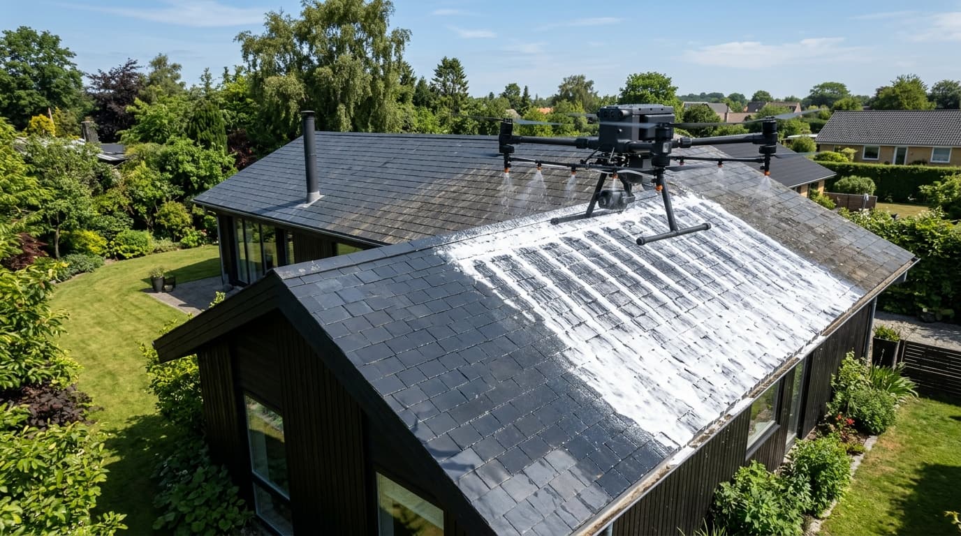 Drone pulvérisant un traitement démoussant sur toiture